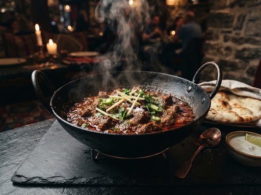 Gourmet Afghan Shinwari Lamb Karahi simmering in a traditional cast iron wok, rich dark tomato gravy, fresh ginger slivers, green chilies, cilantro garnish, dark mood lighting, authentic restaurant food photography on dark slate table, luxury presentation, cinematic steam